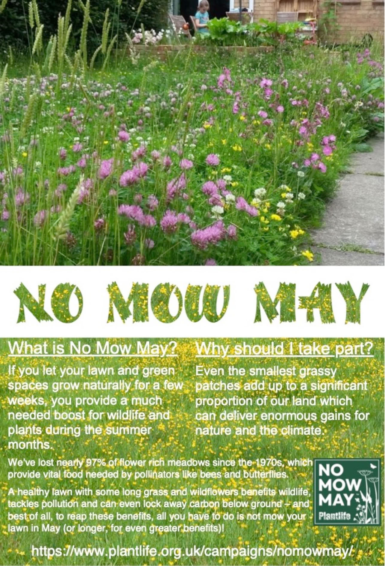 Poster explaining why you should not cut your lawn in May